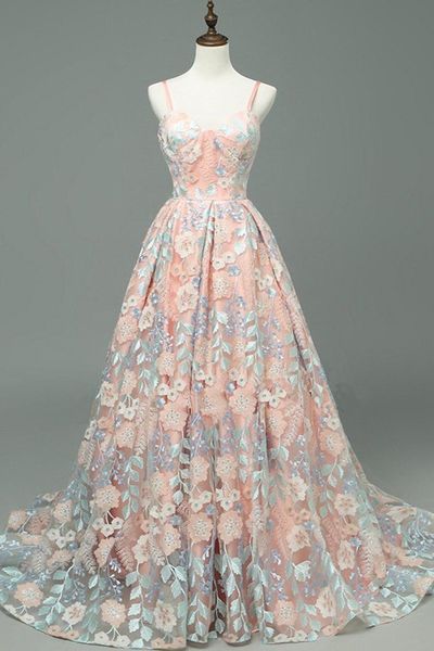 Chic A Line Sweetheart Neck Nude Pink Lace Spaghetti Straps Applique Long Prom Dress,Evening Dresses GG146