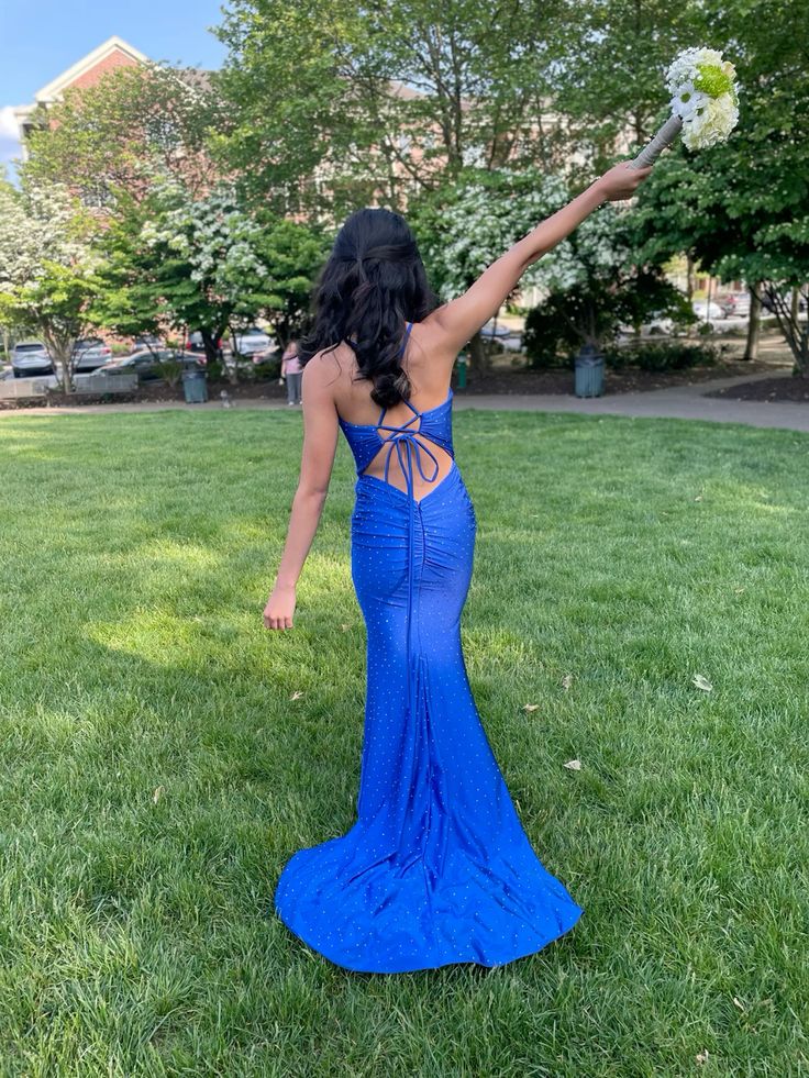 Chic Mermaid Spaghetti Straps V Neck Royal Blue Satin Beaded Long Prom Dress,Evening Dress GG1537