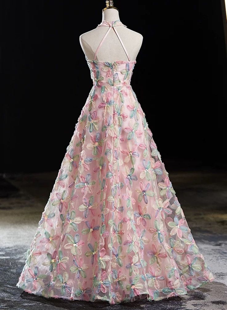 Delicate A Line Pink Halter Lace Applique Floor Length Long Prom Dress, Pink Lace Evening Dresses GG156
