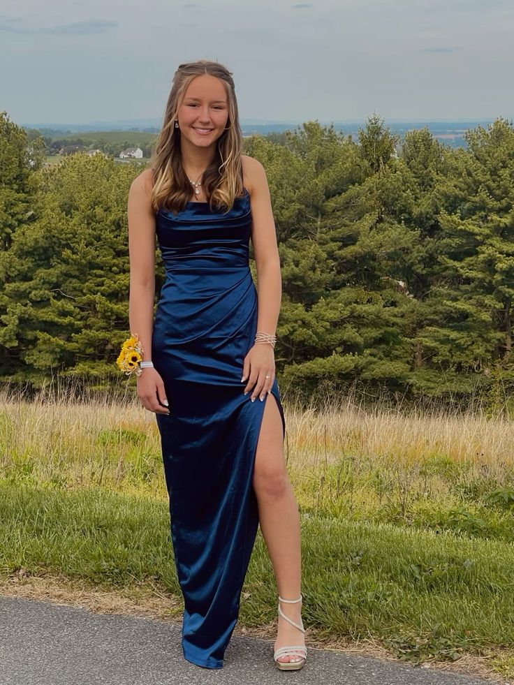 Elegant Mermaid Spaghetti Straps Navy Satin Pleated Slit Long Prom Dress,Evening Dress GG1639