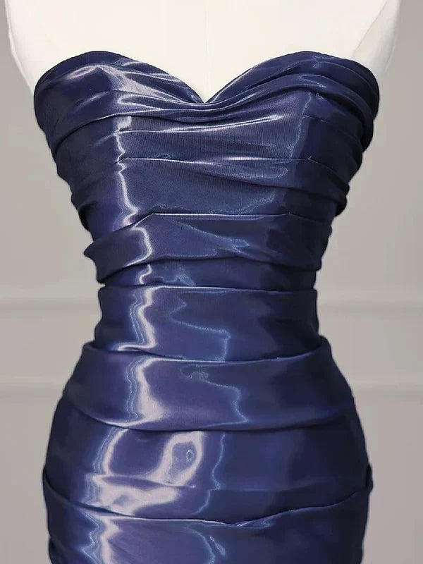 Elegant Mermaid Strapless Navy Blue Silk Satin Pleated Long Prom Dress,Evening Dress GG1650