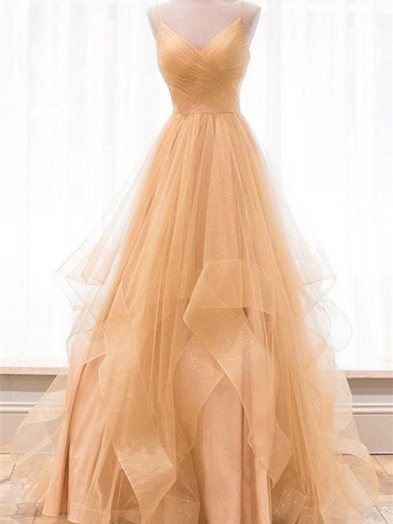 Elegant A Line V Neck Pastel Orange Tulle Long Prom Dresses, Long Formal Evening Graduation Dresses GG169