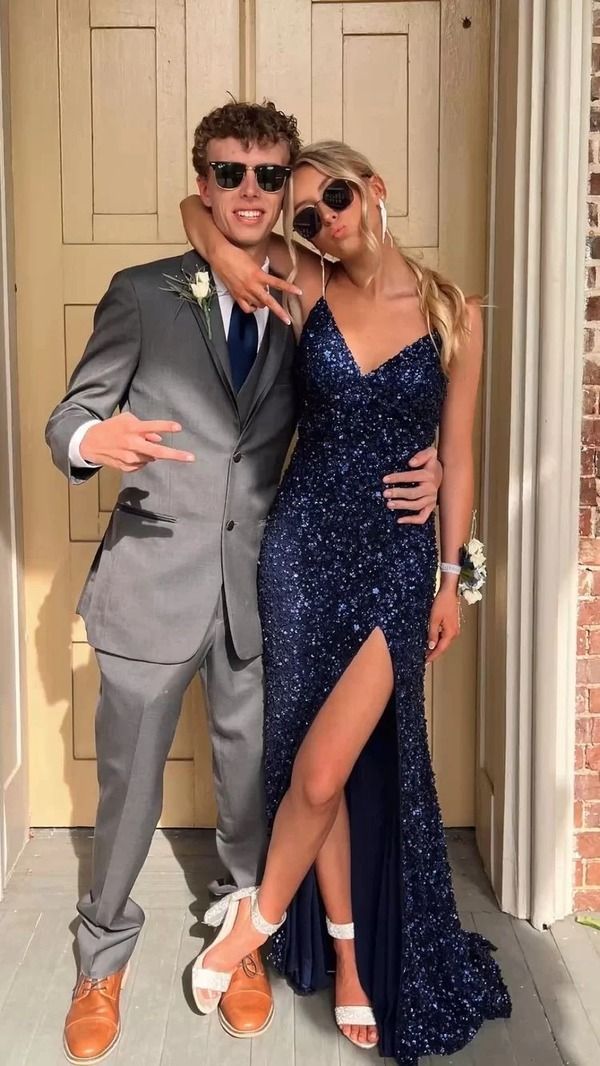 Glitter Mermaid Spaghetti Straps Navy Satin Sequin Slit Long Prom Dress,Evening Dress GG1694