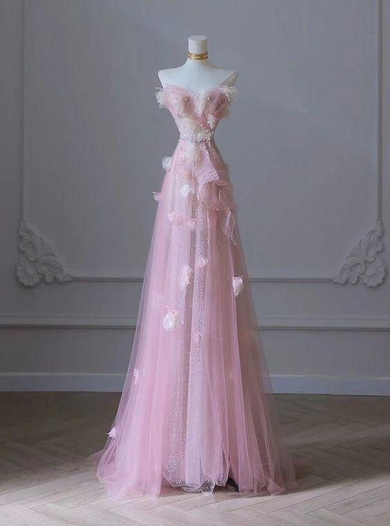 Delicate A Line Strapless Pink Tulle Sequins Strapless Long Prom Dress,Evening Dresses GG170
