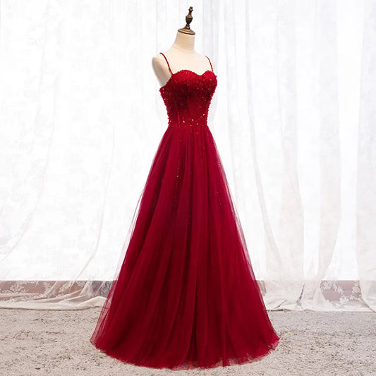 Shiny A Line Spaghetti Straps Red Tulle Sequin Beaded Long Prom Dress,Evening Dress GG1715
