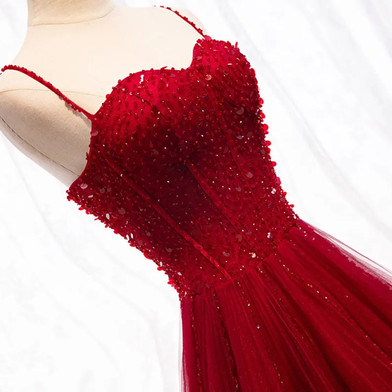 Shiny A Line Spaghetti Straps Red Tulle Sequin Beaded Long Prom Dress,Evening Dress GG1715