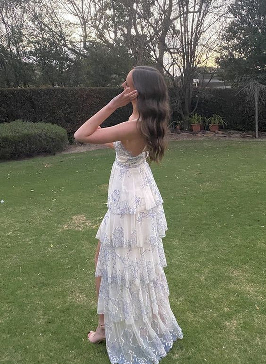 Chic A Line Spaghetti Straps Chiffon Tiered Printing Long Prom Dress,Evening Dress GG1780