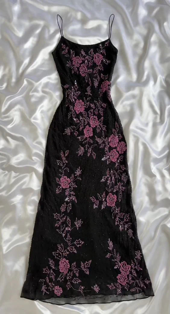 Charming A Line Spaghetti Straps Black Tulle Flowers Long Prom Dress,Evening Dress GG1916