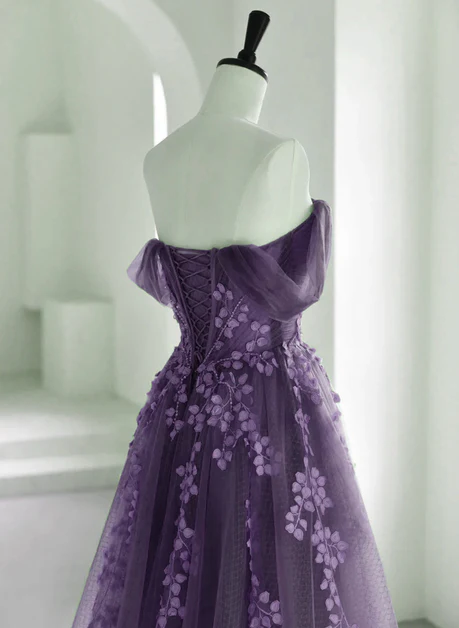 Delicate A Line Off The Shoulder Purple Tulle with Lace Formal Dress, Long Prom Dress, Evening Dress GG201