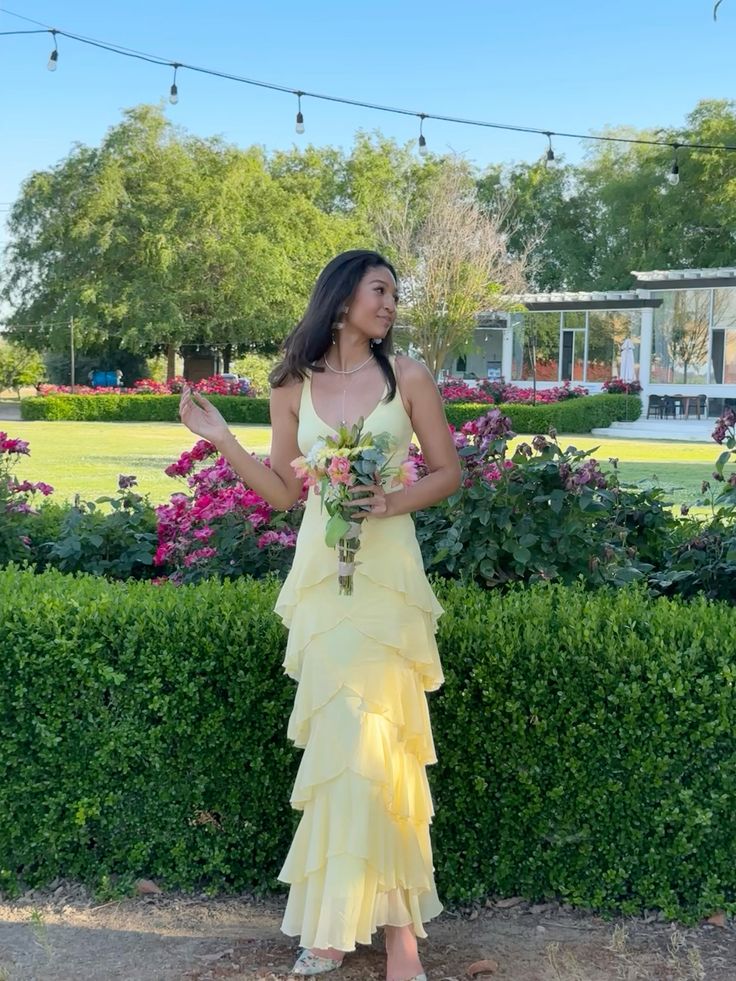 Elegant A Line V Neck Pastel Yellow Chiffon Tiered Long Prom Dress,Evening Dress GG2128