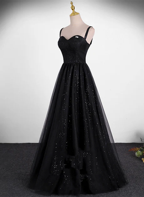 Delicate Black A Line Sweetheart Straps Sequin Tulle Simple Long Prom Dress, Evening Dresses GG214