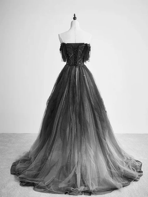 Chic A Line Sweetheart Black Tulle Gradient With Beadings Long Prom Dresses,Black Evening Dress GG230