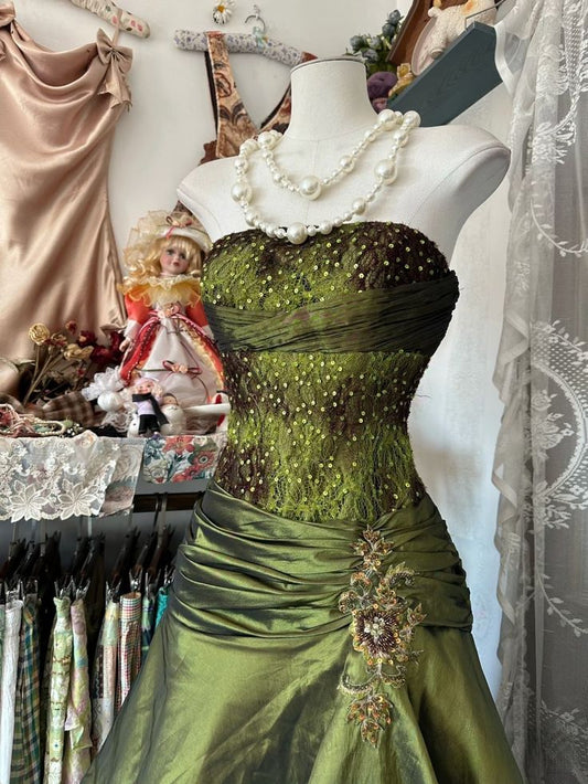 Vintage A Line Strapless Satin Tulle Sequin Long Prom Dress,Party Dress,Evening Dress GG2365