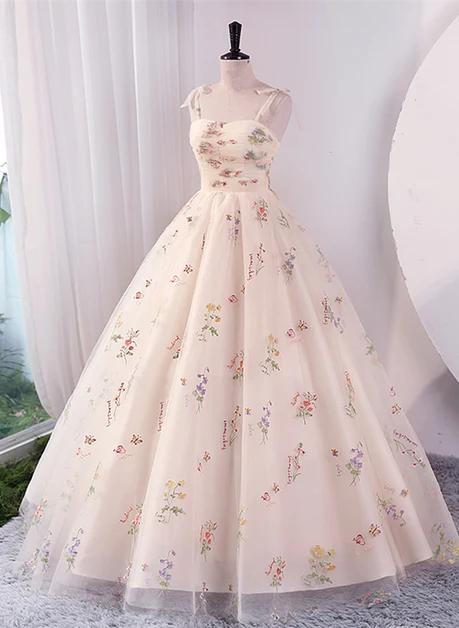 Sweet A Line Spaghetti Straps Lvory Floral Tulle Ball Gown Long Prom Dress,Evening Dress GG238