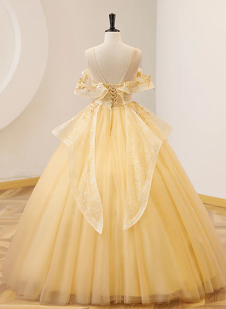 Exquisite A Line Light Yellow Tulle With Beadings And Lace Long Prom Dress, Evening Dress GG248