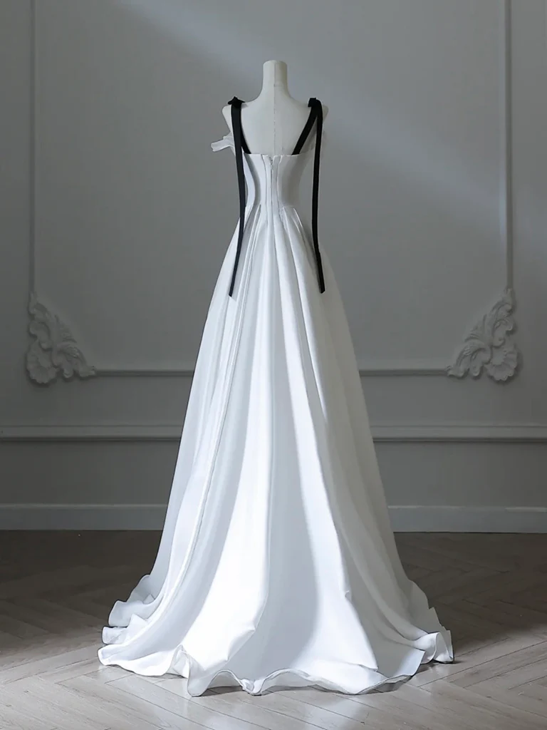 Elegant A Line Sweetheart White Satin With Black Shoulder Straps Long Prom Gresses,Evening Dresses GG263