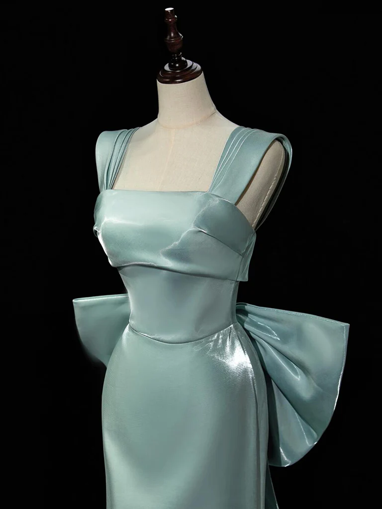 Simple A Line Square Satin With Bow Train Long Prom Gresses,Evening Dresses GG267
