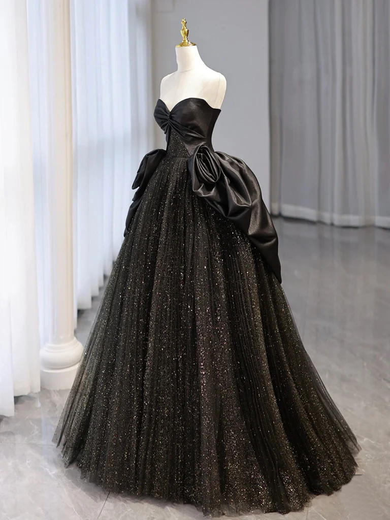 Chic A Line Black Sweetheart Neck Satin Tulle Sequin Long Prom Dress, Evening Dress GG285