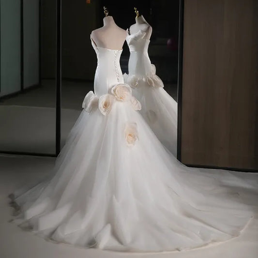 Simple Mermaid Strapless White Satin Tulle Applique Long Wedding Dress GG2943