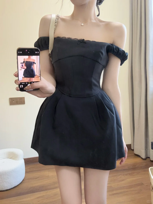 Black A Line Off The Shoulder Satin Short Prom Dress,Homecoming Dress,18th Birthday Dress GG3590