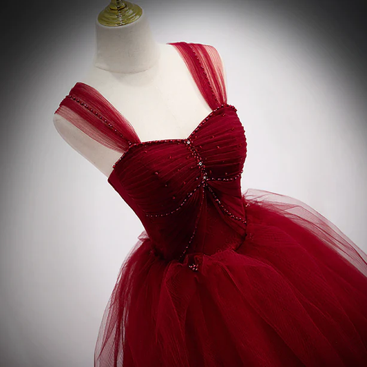 Charming A Line Off The Shoulder Wine Red Tulle Long Prom Dress,Evening Dress GG364