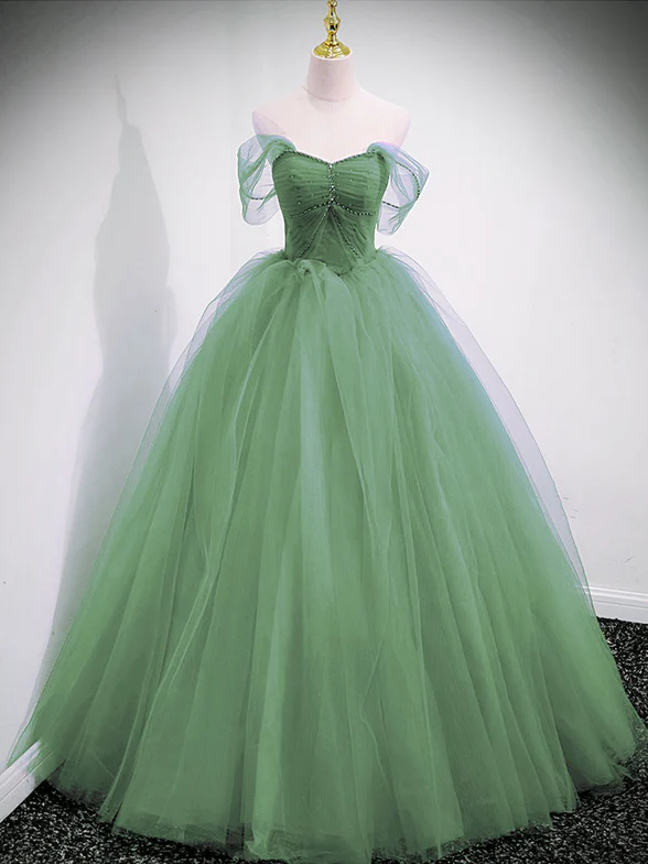 Charming A Line Off The Shoulder Green Tulle Long Prom Dress,Evening Dress GG365