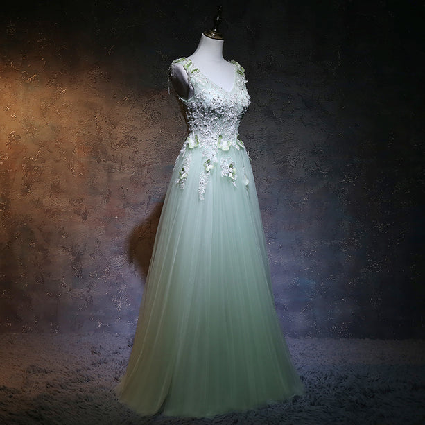 Beautiful A Line Light Green Tulle Applique Long Prom Dress,Evening Dress GG381