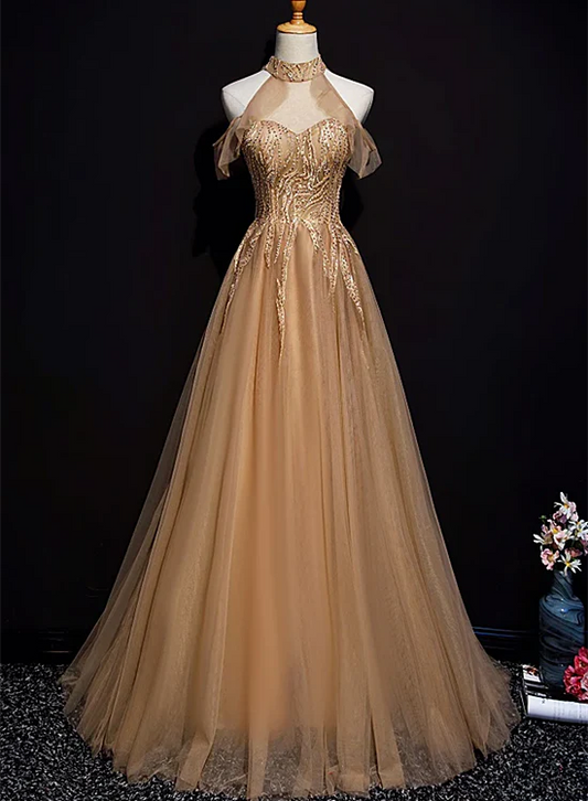Gorgeous A Line Halter Beading Tulle Long Prom Dress,Evening Dress GG383