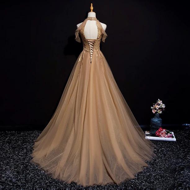 Gorgeous A Line Halter Beading Tulle Long Prom Dress,Evening Dress GG383