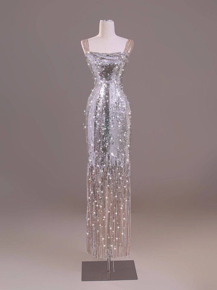 Glitter Mermaid Beading Straps Sequin Silver Tulle Tassel Long Prom Dress, Evening Dress GG459