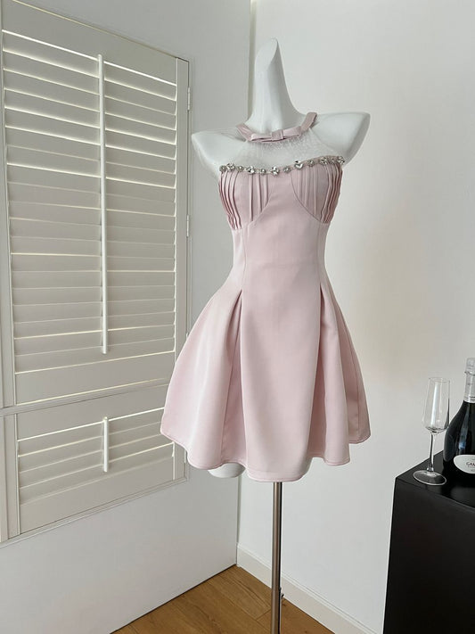 Cute A Line Halter Pink Satin Lace Beads Short Homecoming Dress,Vacation Dress,Summer 18th Birthday Dress GG4605