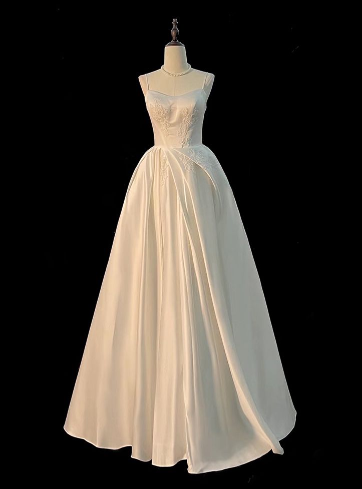 Graceful A Line Spaghetti Straps White Satin Long Prom Dress,Evening Dress GG545