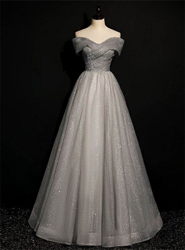 Graceful A Line Off The Shoulder Gray Tulle Beading Long Prom Dress,Evening Dress GG548