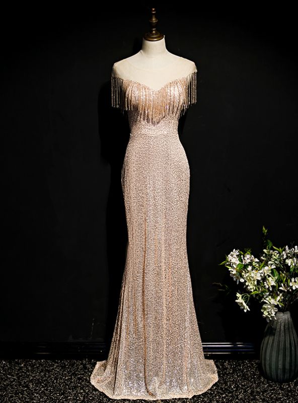 Glitter Mermaid Sweetheart Champagne Sequin Tassel Long Prom Dress,Evening Dress GG614