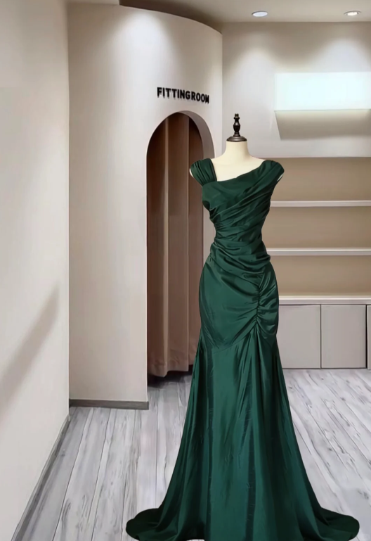 Classy Navy Blue Satin Pleated Mermaid Evening Dress Long Wedding Guest Dress D2388