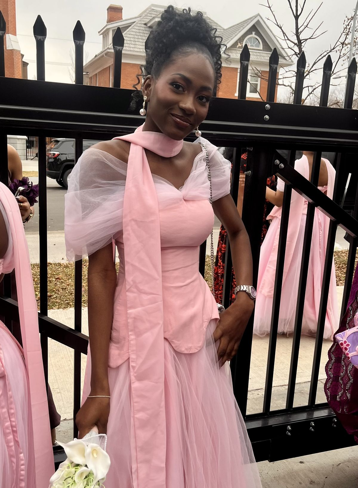 Sweet Off The Shoulder Pink Tulle Satin A Line Long Wedding Guest Dress Formal Bridesmaid Dress D1963