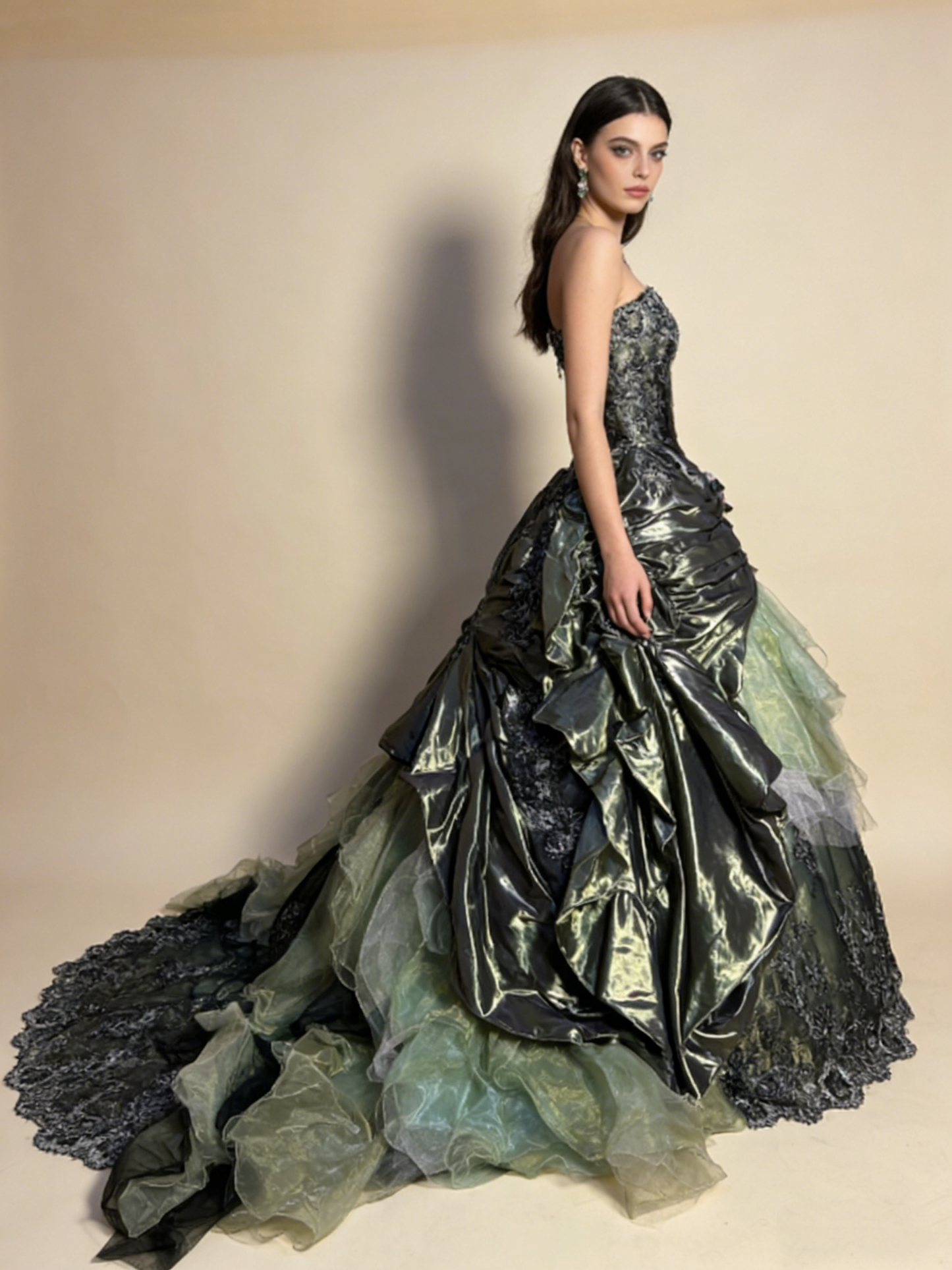 Green Strapless A-Line Satin Lace Long Evening Dress Birthday Ball Gown, D833