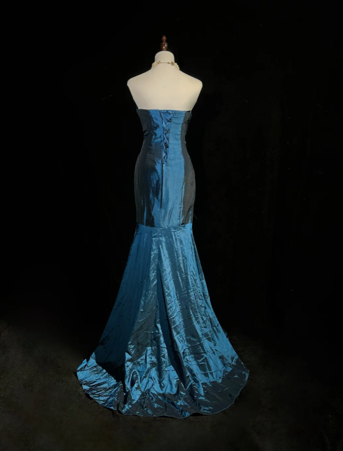 Vintage Strapless Navy Blue Satin Pleated Beaded Mermaid Long Party Dress Evening Dress D1996