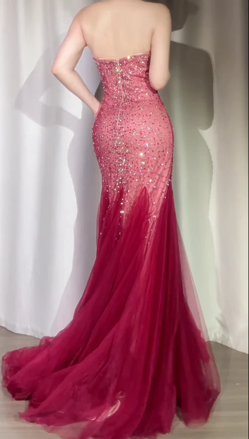 Sparkly Burgundy Strapless Tulle Beaded Mermaid Long Evening Dress Formal Birthday Party Dress D1882
