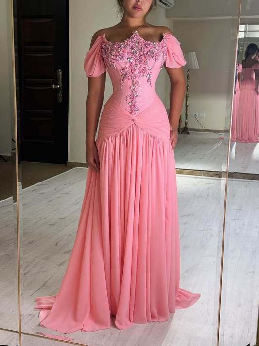 Cute Off The Shoulder Pink Chiffon Beaded Mermaid Long Party Dress Evening Gown