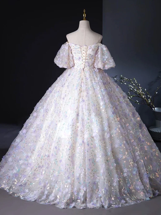 A-Line Puff Sleeves Sweetheart Neck Tulle Lace Light Purple Long Prom Dress MD7229