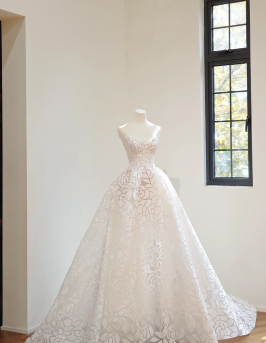 Classy White Strapless Rose Petals Bridal Dress Long Wedding Dress D2149