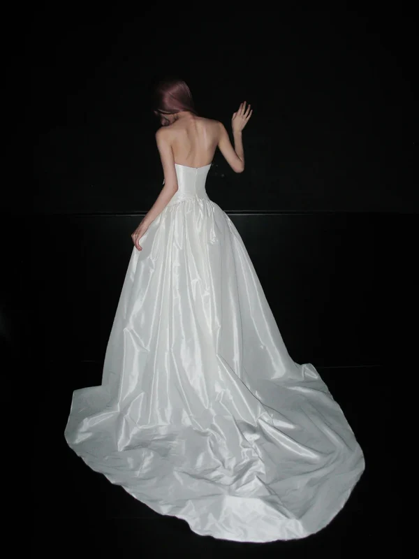 Pretty White Bow Strapless Satin Long Wedding Dress Formal Bridal Dress D1968