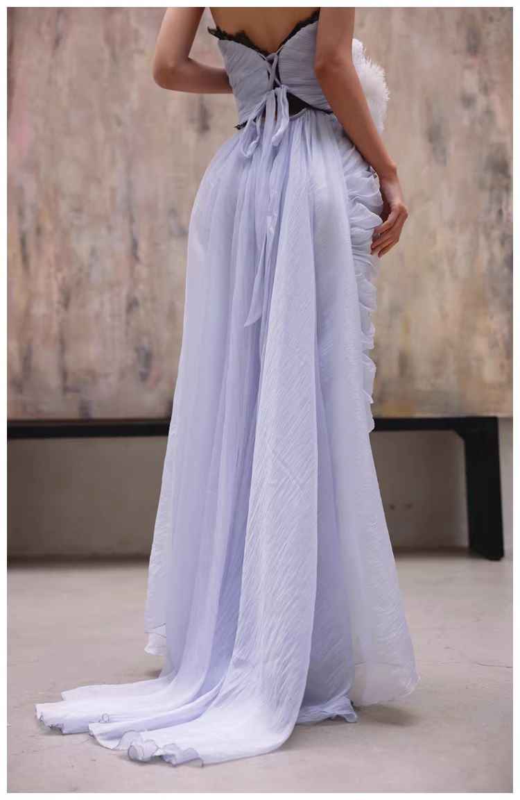Classy Haze Blue Strapless Tulle Pleated Mermaid Long Party Dress Evening Gown
