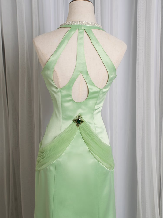 Charming Green Halter V Neck Satin Beaded Long Evening Dress Birthday Prom Dress SP1509