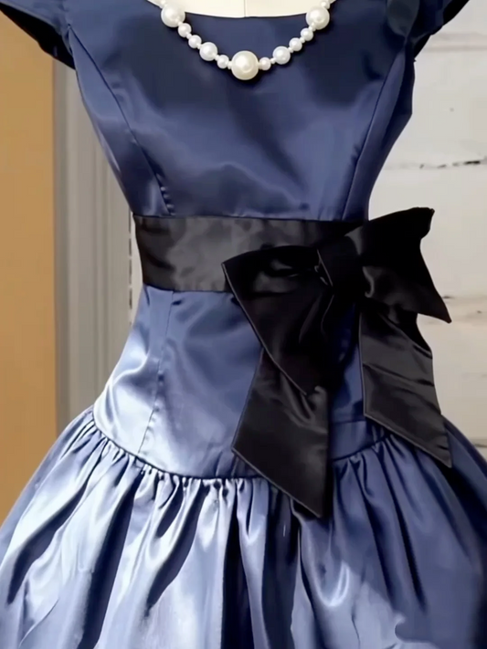 Vintage Navy Blue Satin Bow A Line Short Party Dress Formal Homecoming Dress D655