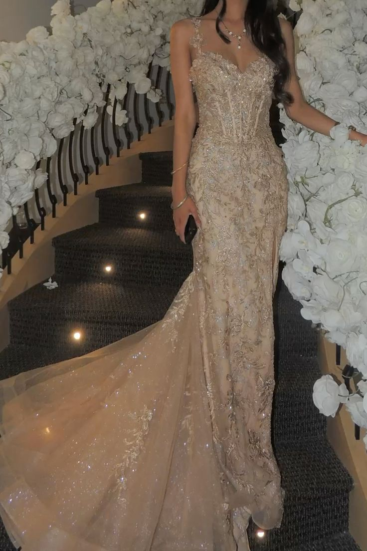Charming Spaghetti Straps Champagne Tulle Sequin Mermaid Long Evening Dress Formal Birthday Party Dress D1861