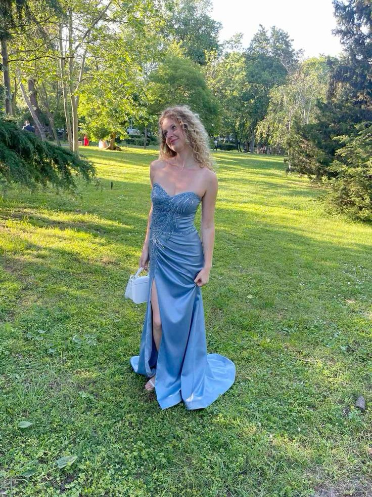 Charming Blue Strapless Satin Pleated Beaded Slit Mermaid Evening Dress Long Party Gown