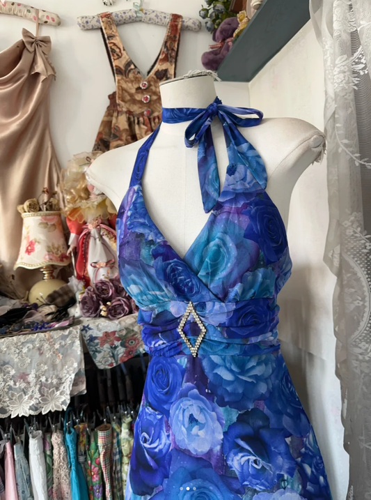 Unique Halter V Neck Blue Print Floral Mermaid Long Evening Dress Birthday Prom Gown