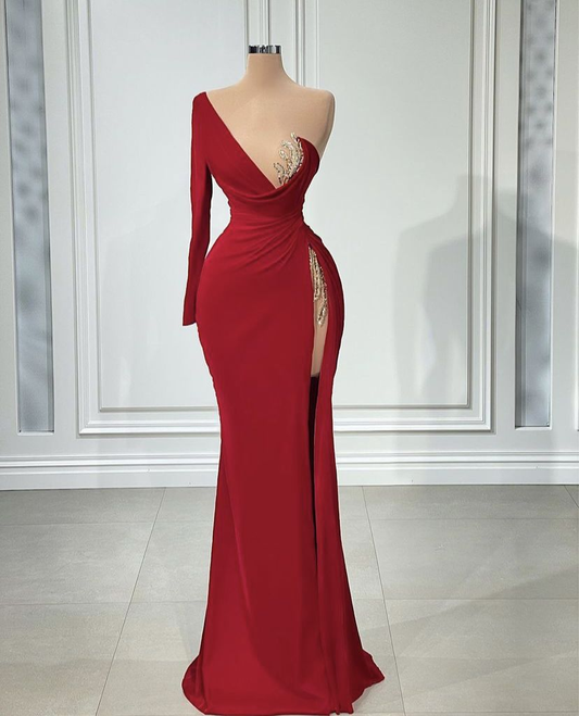 Red One Shoulder Long Sleeve Evening Dress Women High Split Dubai Prom Dresses Wedding Guest Party Gowns cc648